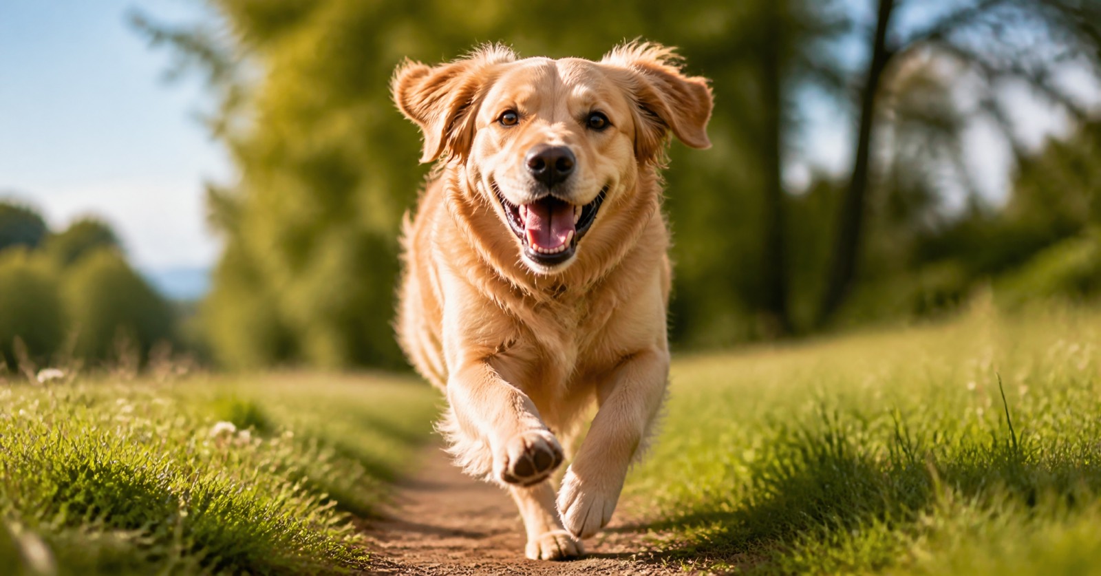 A happy dog running outdoors