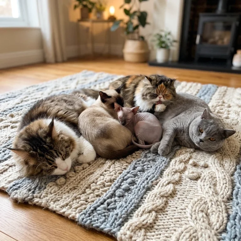 Cats of different breeds, including a Siamese, a Sphynx, a British Shorthair and a long-haired calico, curled up together on a chunky knitted rug.
