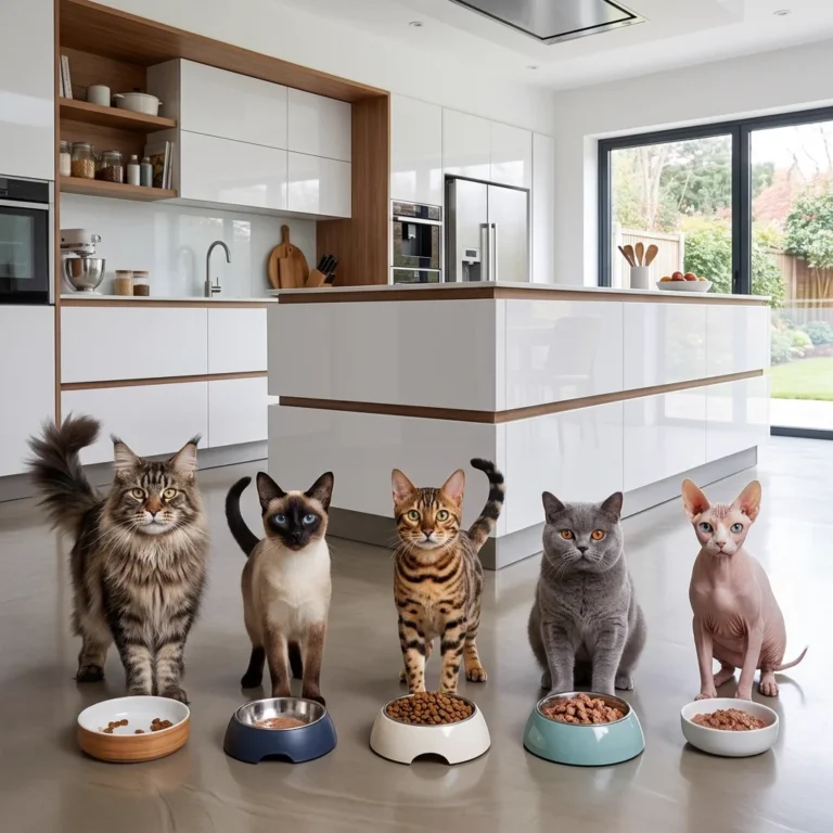 Five cats, a Maine Coon, a Siamese, a Bengal, a British Shorthair and a Sphynx, each standing behind its own bowl of food on a kitchen floor.