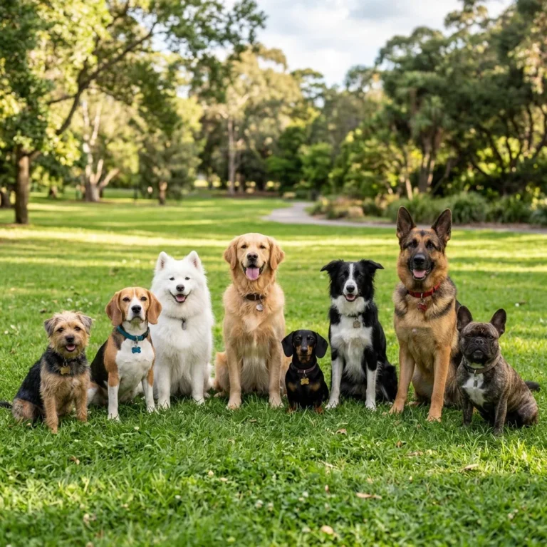 Eight dogs of different breeds and sizes, from a Dachshund and a French Bulldog to a Samoyed and a German Shepherd, sitting in a row on the grass in a park.