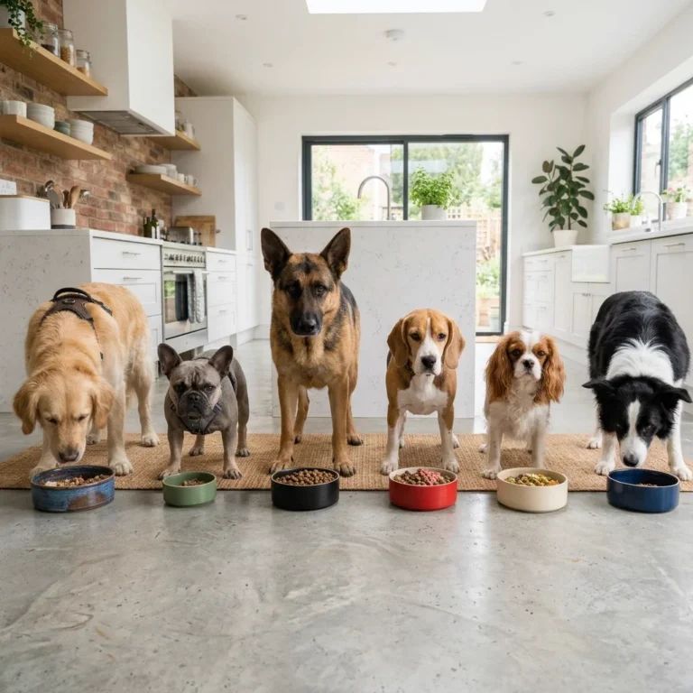 Six dogs, including a Golden Retriever, a French Bulldog, a German Shepherd, a Beagle, a Cavalier King Charles Spaniel and a Border Collie, each with its own bowl of food in a bright kitchen.