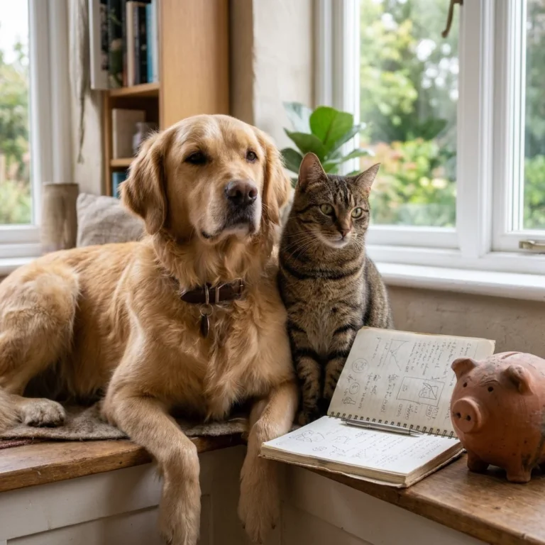 A Golden Retriever and a tabby cat on a window seat beside an open notebook and a terracotta piggy bank.